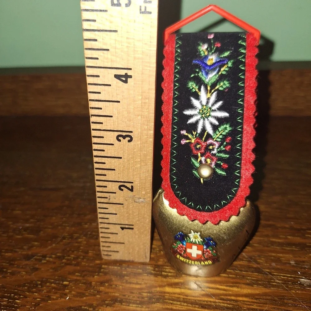 Vintage Swiss Brass Cow Bell Goat Sheep Gstaad Flowers  Embroidered Strap
